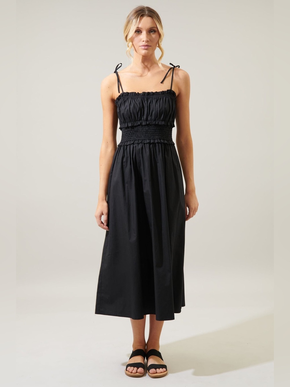 NWT Sugarlips Orion Smocked Waist Tie Strap Poplin Midi Dress in Black